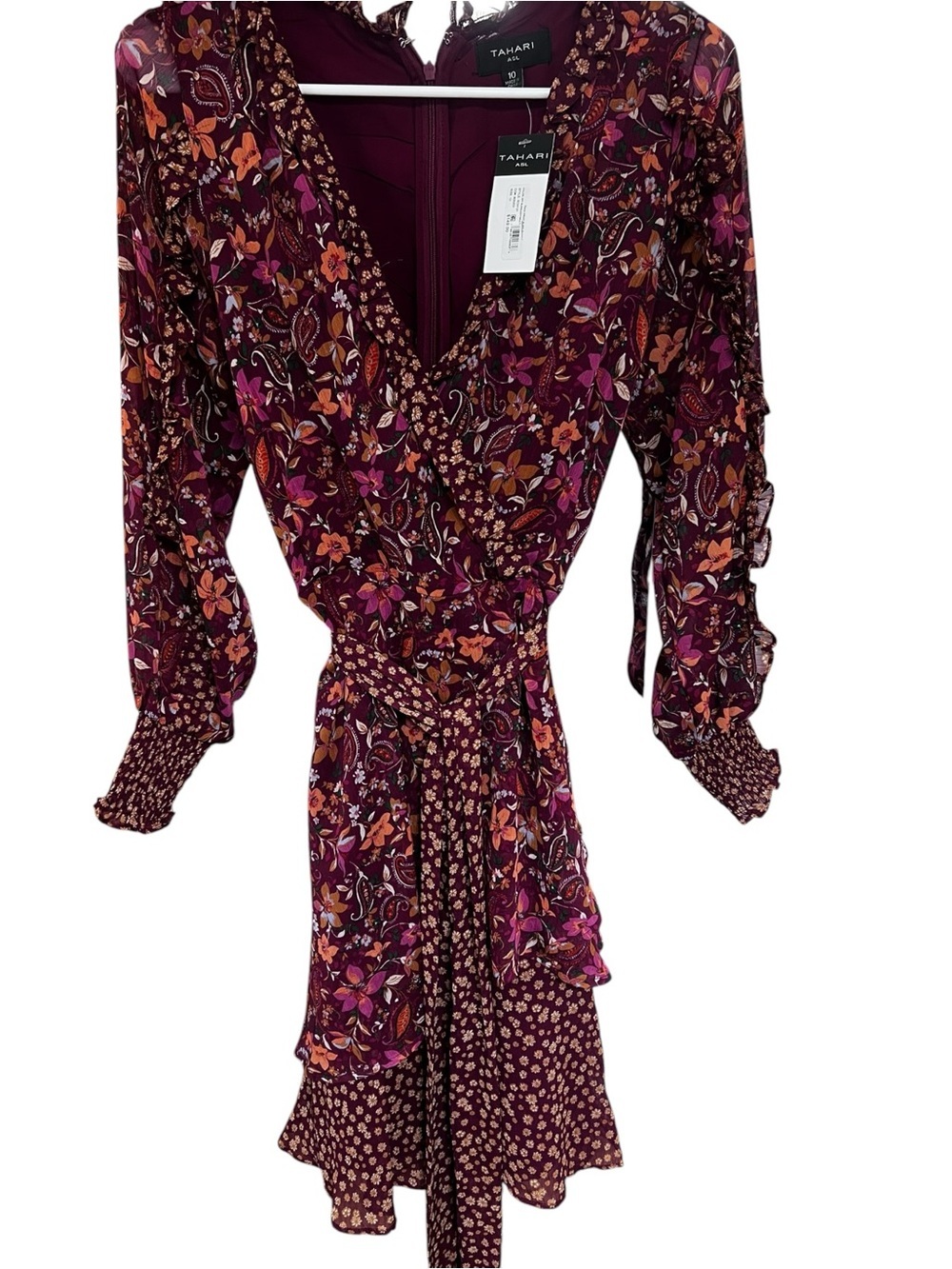 Tahari Plum Floral Wrap Dress with Tie Waist